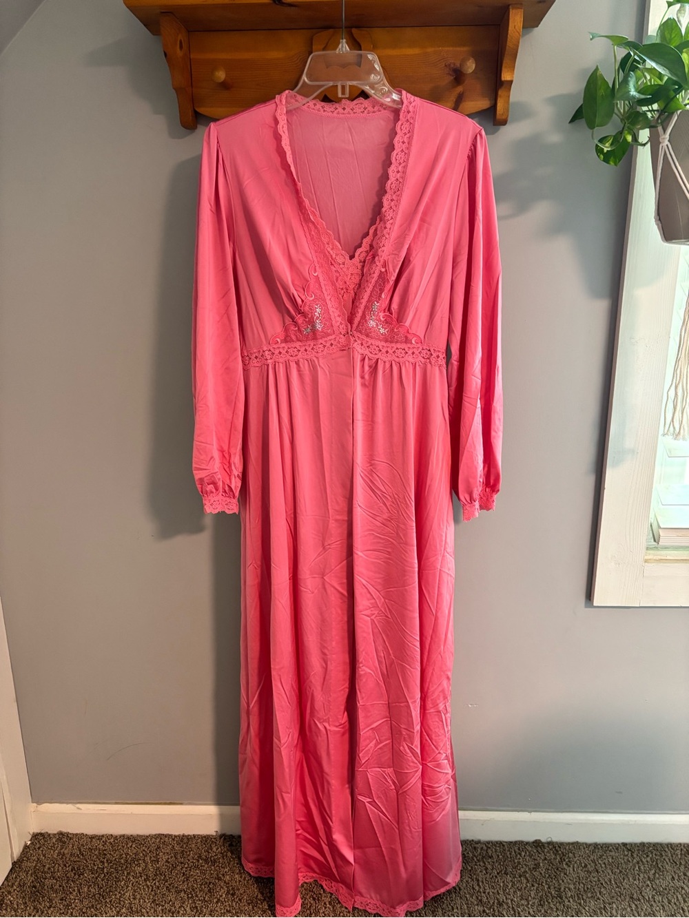 Vintage Shadowline 2 Piece Women's Pink Lace Trim Long Sleep Gown 100% Nylon